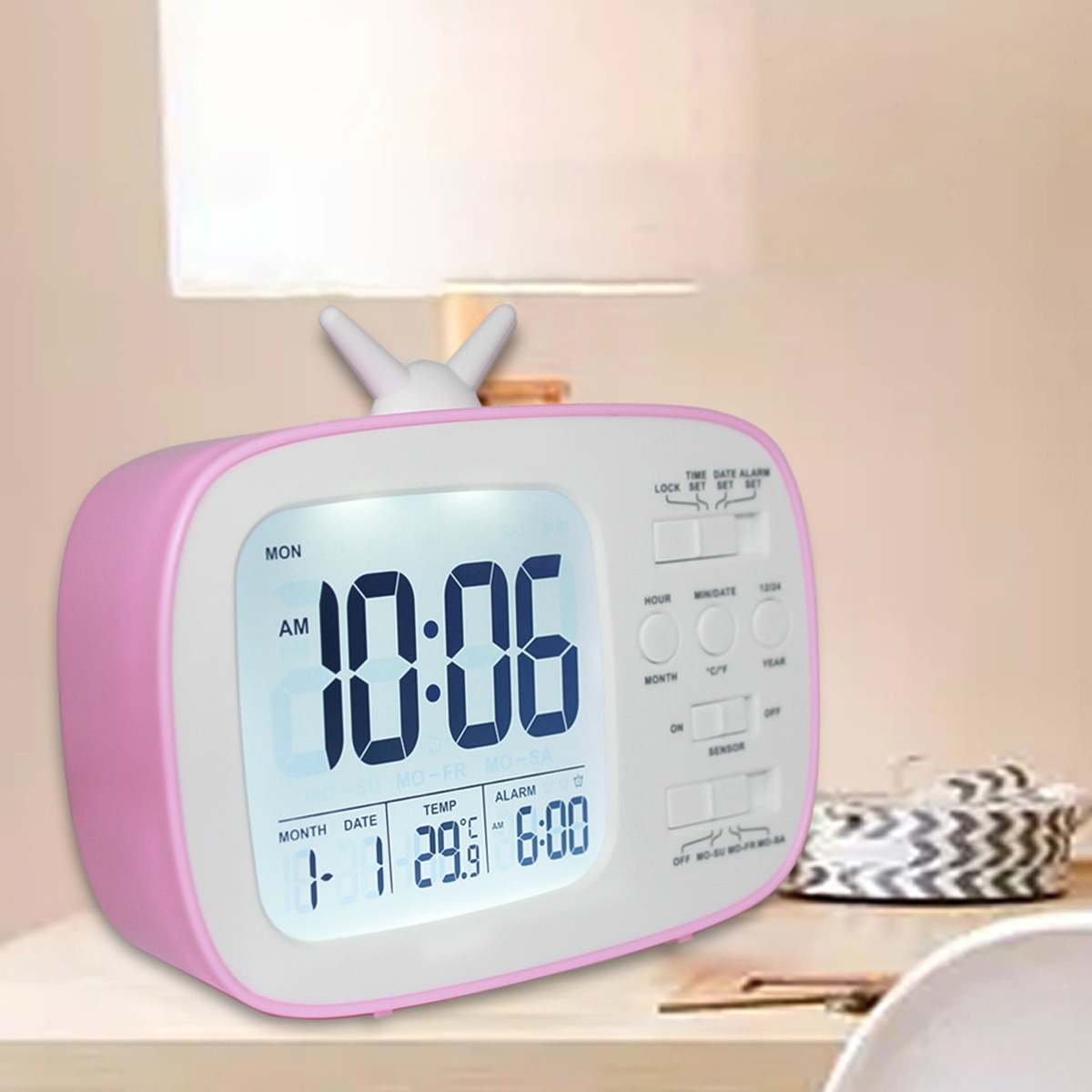LCD Digital Desk Alarm Clock Bedroom Bedside Snooze Wake Up Light Digital Clock Thermometer