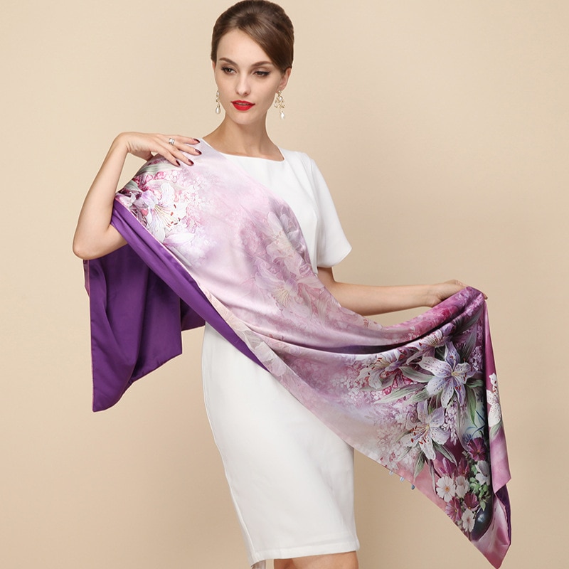 100% Zijde Satijn Lange Sjaal Dubbellaags Lente Sjaal Pashmina Vrouwen Luxe Sjaals Sjaal Printted Hijab
