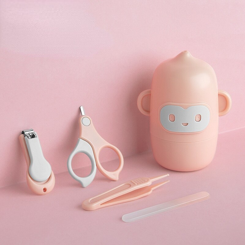 4 Stks/set Baby Nagelknipper Pak Speciale Anti-Knippen Vlees Clippers Voor Pasgeborenen Cartoon Opbergdoos Baby Items Essentials: Cute monkey pink