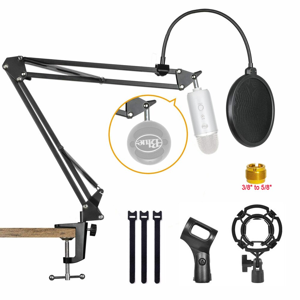 Brazo de soporte para micrófono soporte de suspensión con Clip adaptador de tornillo de 3/8 "a 5/8" para Blue Yeti Blue Snowball Yeti Nano Yeti x Mic