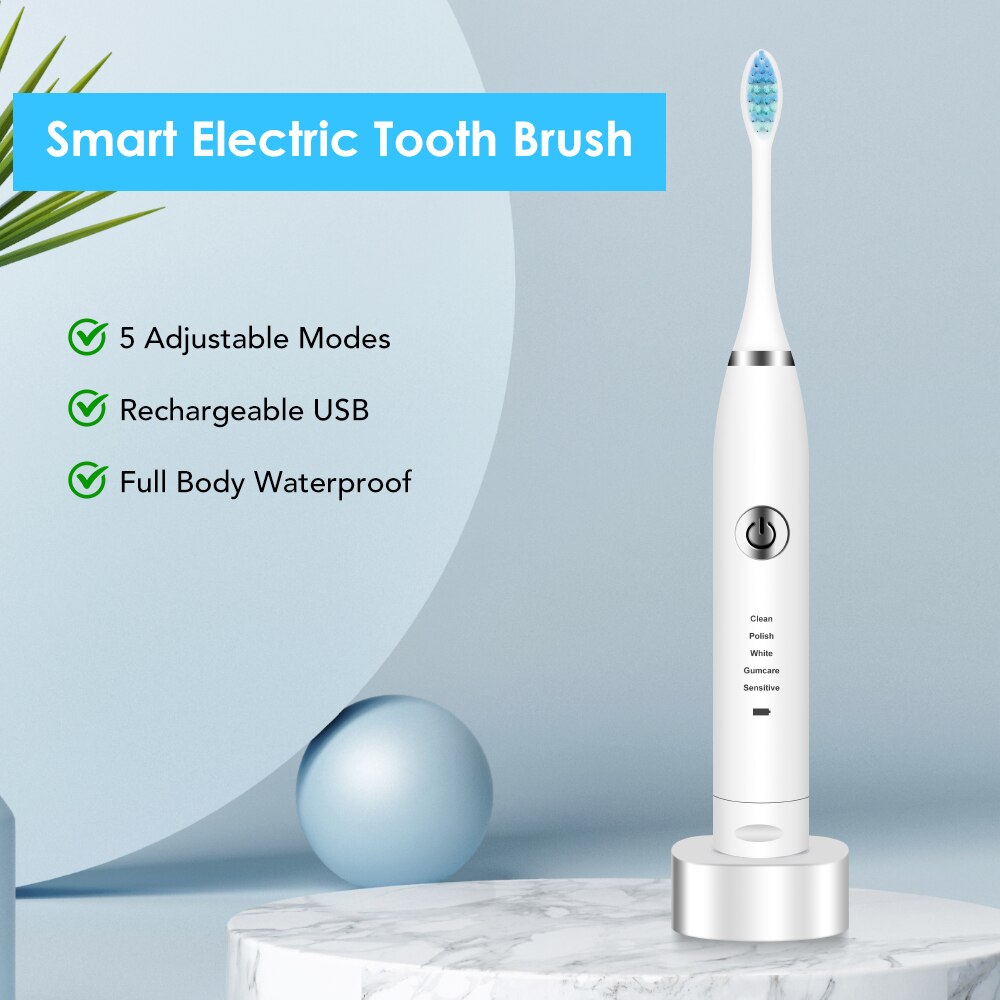 Portable Electric Sonic Vibration Toothbrush USB Rechargerable Waterproof Toothbrush With 5 Adjustable Modes Oral Care Tool