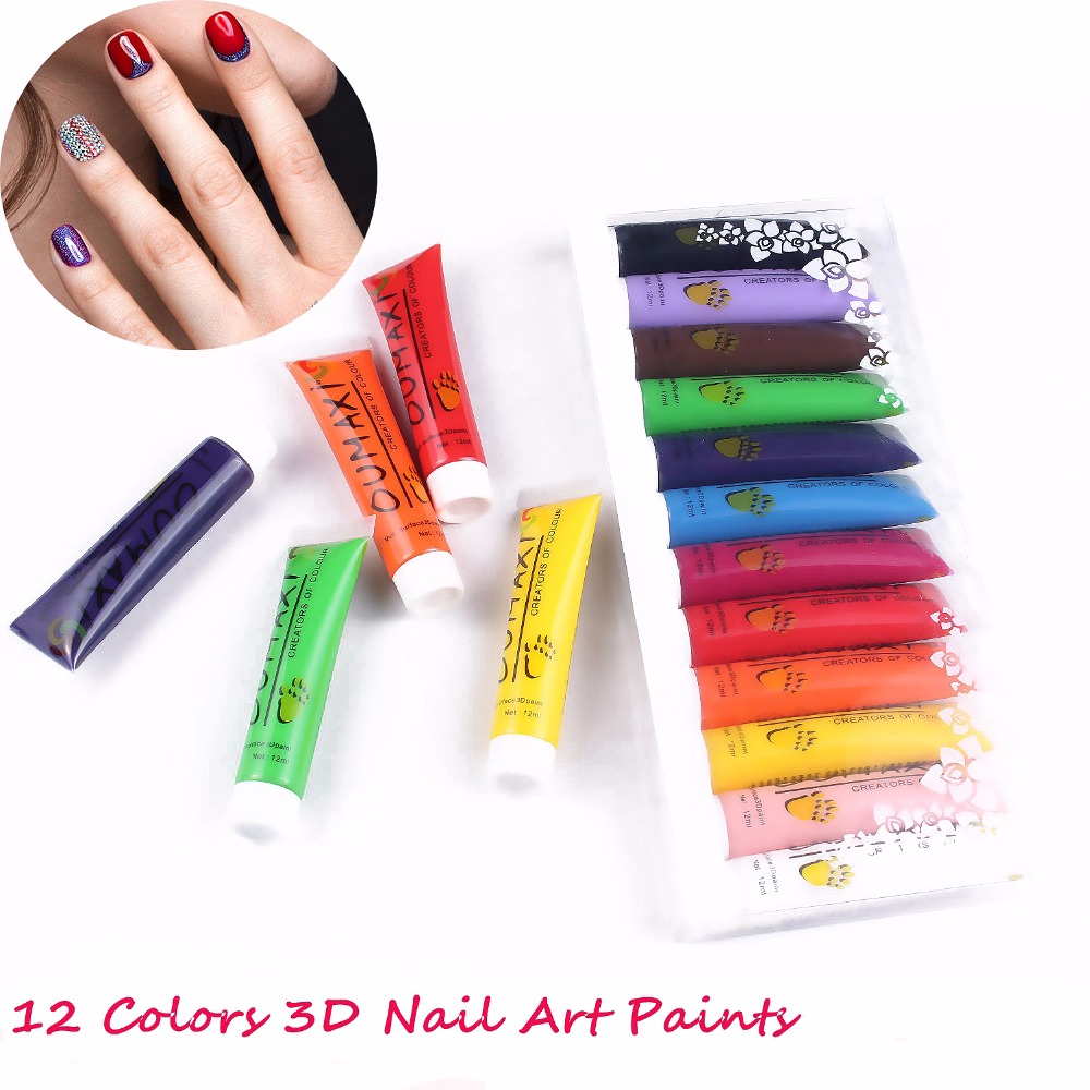 Doigt ange 12 pièces 12ml peinture à ongles Multi Surface 3D peinture OUMAXI Nail Art peinture 12 couleurs différentes outils de peinture à ongles