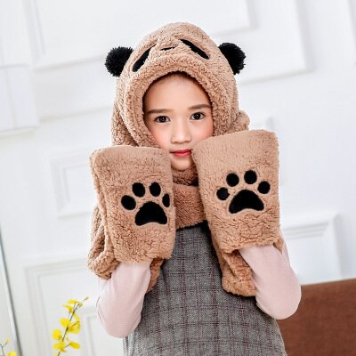 3 in 1 functies dier cartoon koraal fleece sjaal winter mooie panda muts met handschoenen voor kinderen volwassenen kerst: Kinder light koffie