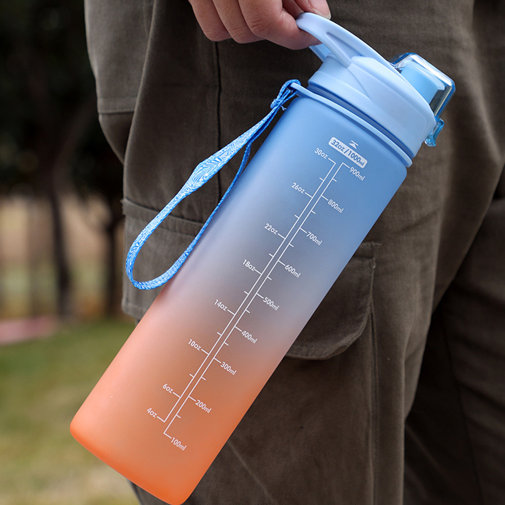 1L Large Capacity Water Bottle Straw Cup High Temperature Plastic Water Cup Time Scale Frosted Outdoor Sports Student Couple Cup