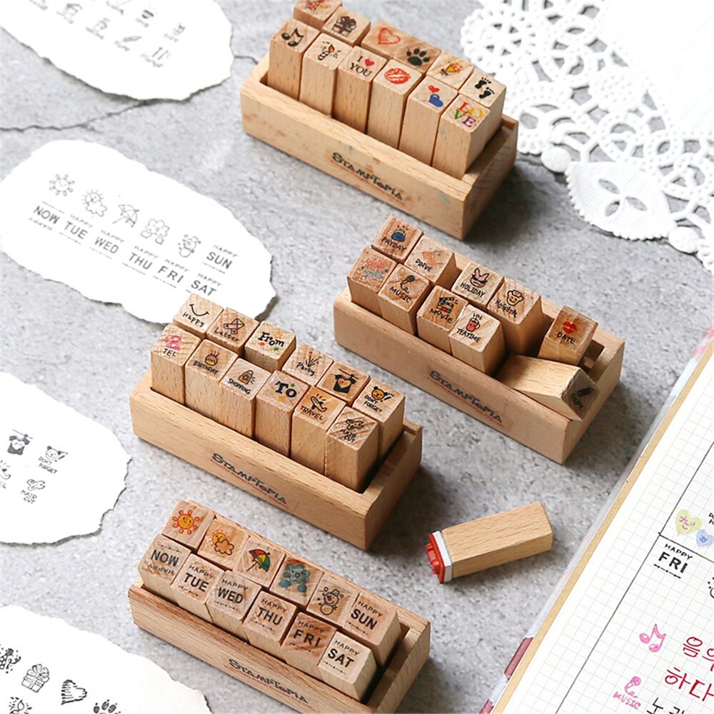 12pcs/set Date Weather Stamps Korean Stationery DIY Wooden Rubber Stamp for Planner Notebook Scrapbooking Journal Supplies