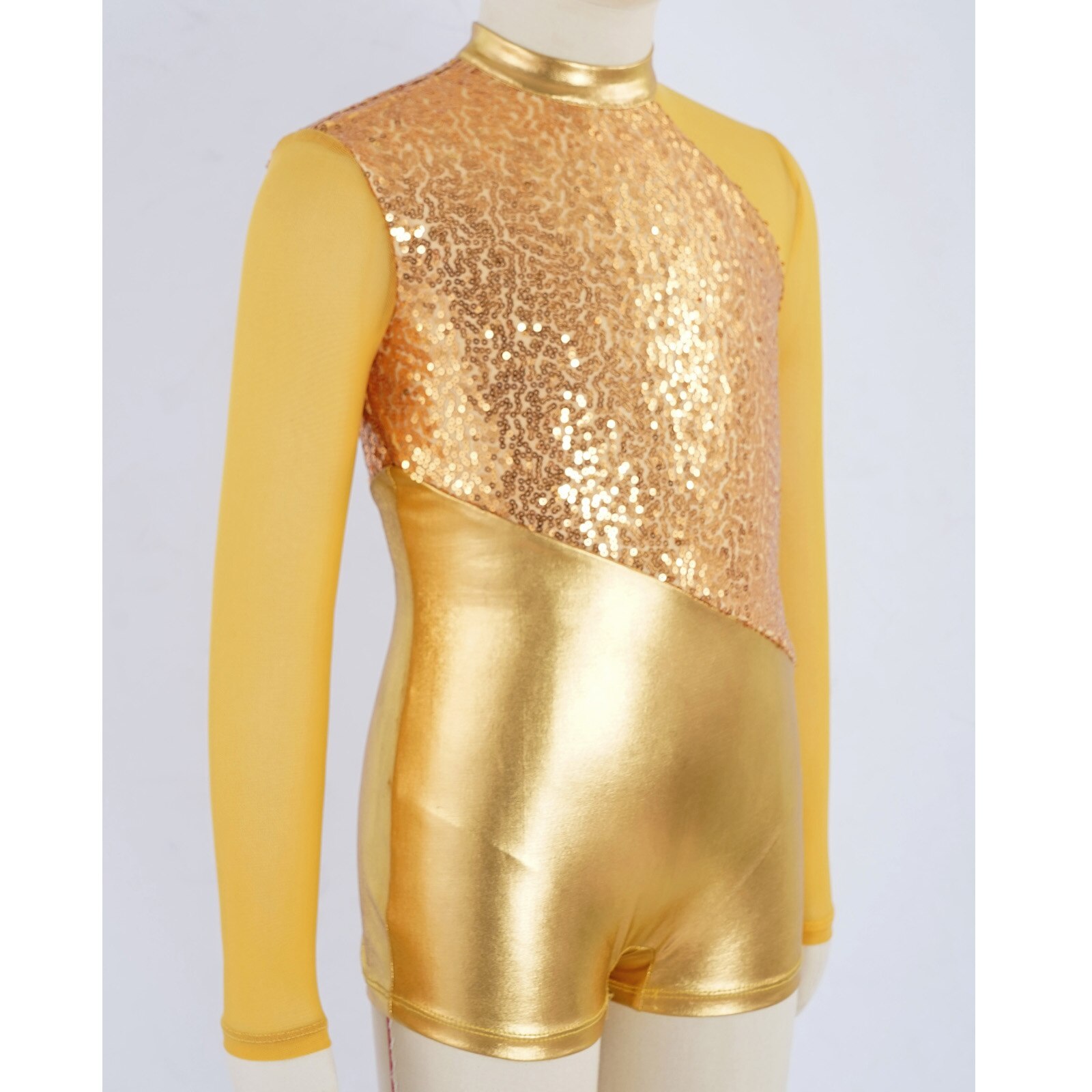 Kids Girls Sparkling Sequins Mesh Splice Metallic Dance Unitatds Long Sleeve Gymnastics Leotard for Girl Children Ballet Leotard