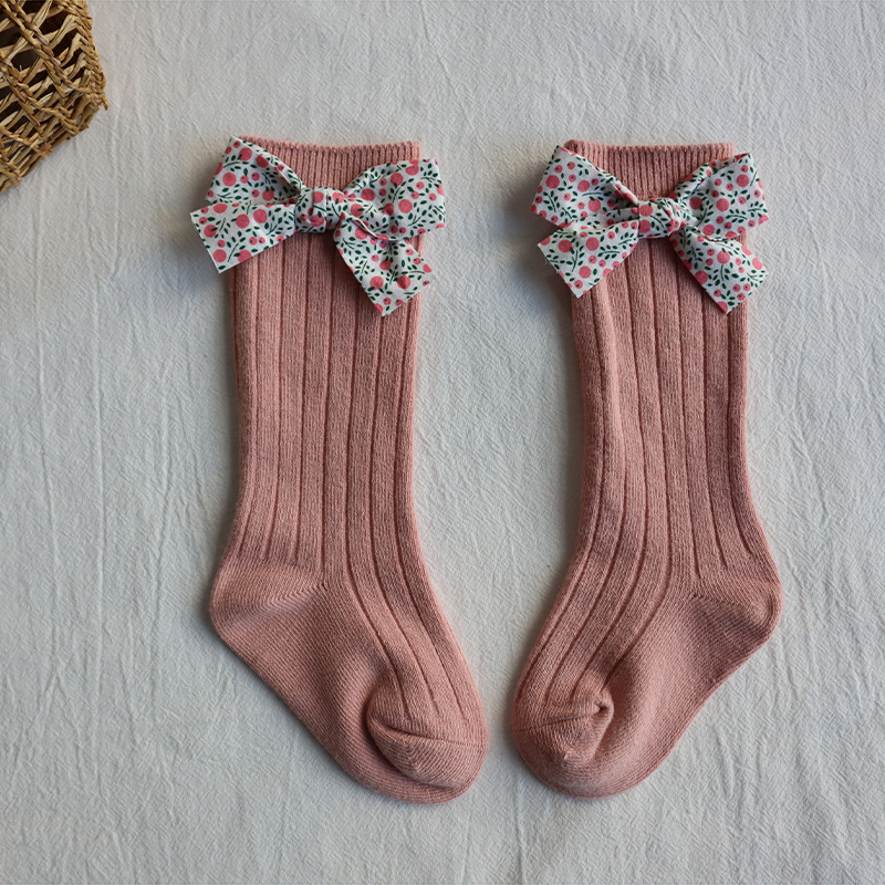 Chaussettes à fleurs pour bébés filles de 0 à 5 ans, longues et hautes, avec rayures en coton doux, Style princesse: Pink / 0-1Years(S)