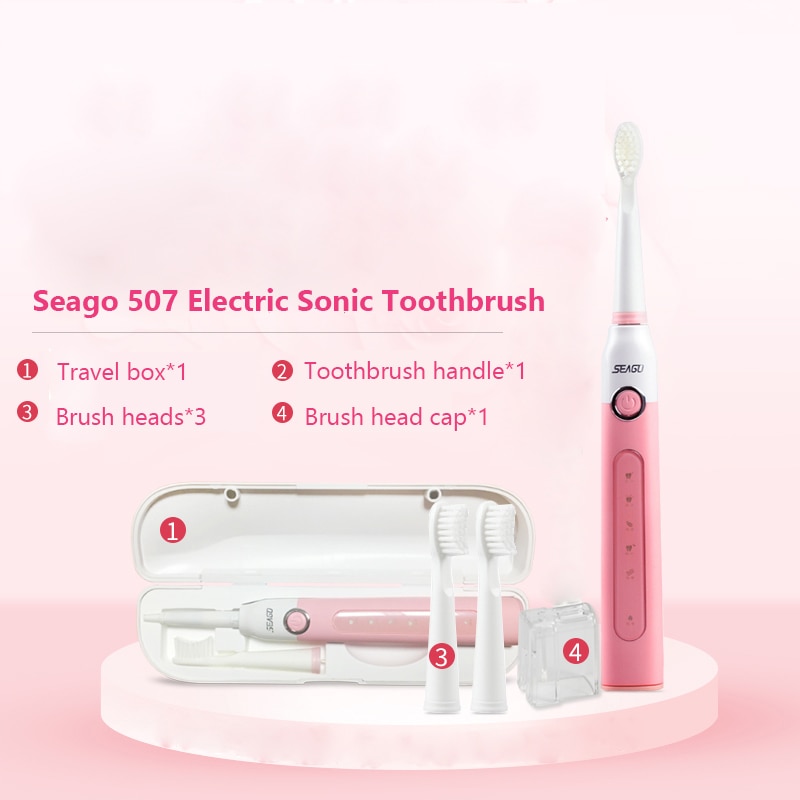 SEAGO Sonic Electric Toothbrush Adults Timer 5 Modes USB Rechargeable Tooth Brush Replacement Brush Head Nozzles Box SG-507