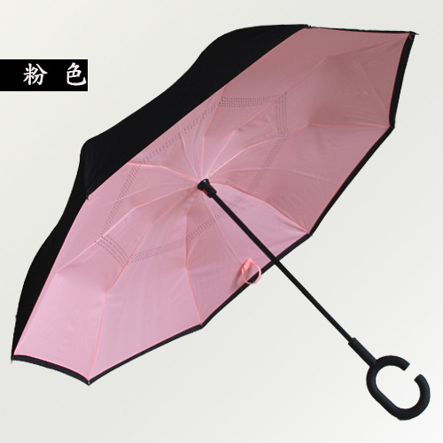 Gancho C, a prueba de viento paraguas inversa vástago largo invertida doble capa soporte autónomo protección contra la lluvia paraguas de la gota: Rosa