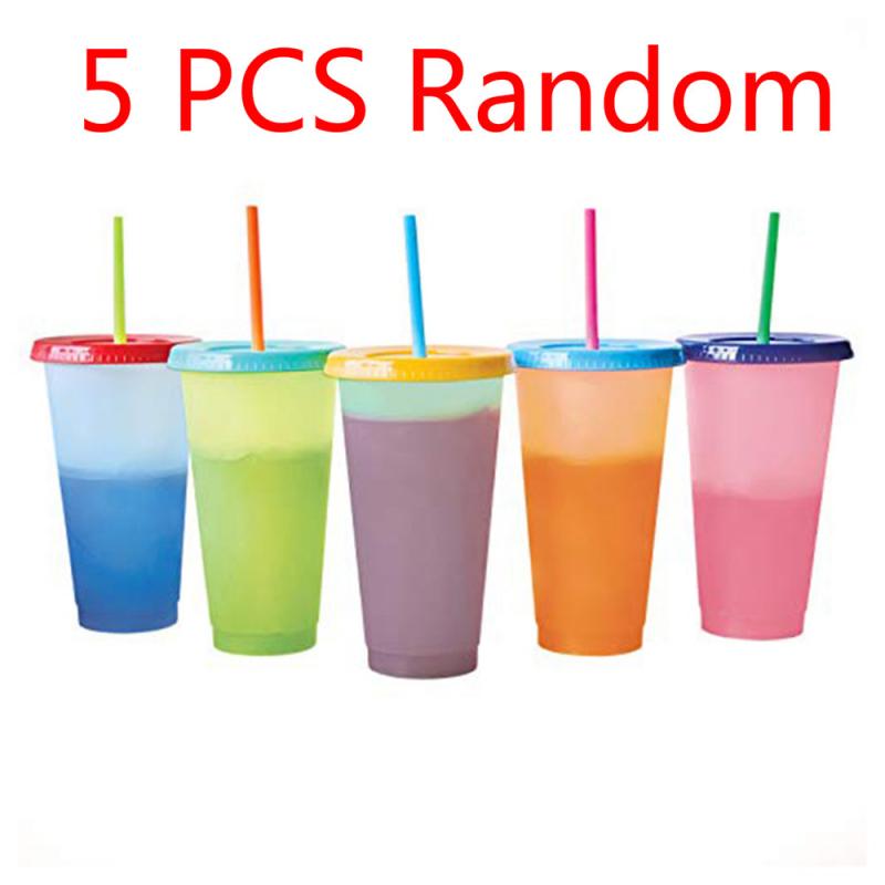 Best 24oz Plastic Cold Water Color Changing Cup Tumbler Discoloration Changing Colour Cup Camping Coffee Cup: 5pcs Random