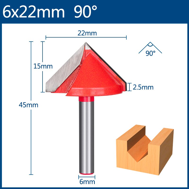 Xcan 6mm jyrsinterä v muotoinen urajyrsin kovametallikaiverrusterä puuntyöstöterä: 6 x 22mm 90d