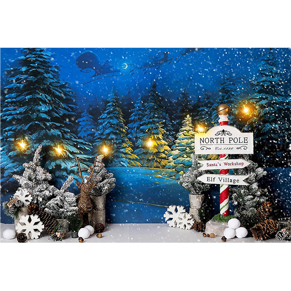Christmas Snow Night Photography Backdrop Xmas Winter Birthday Photo Background Pine Dreamy Santa Sleigh Light Photocall Props