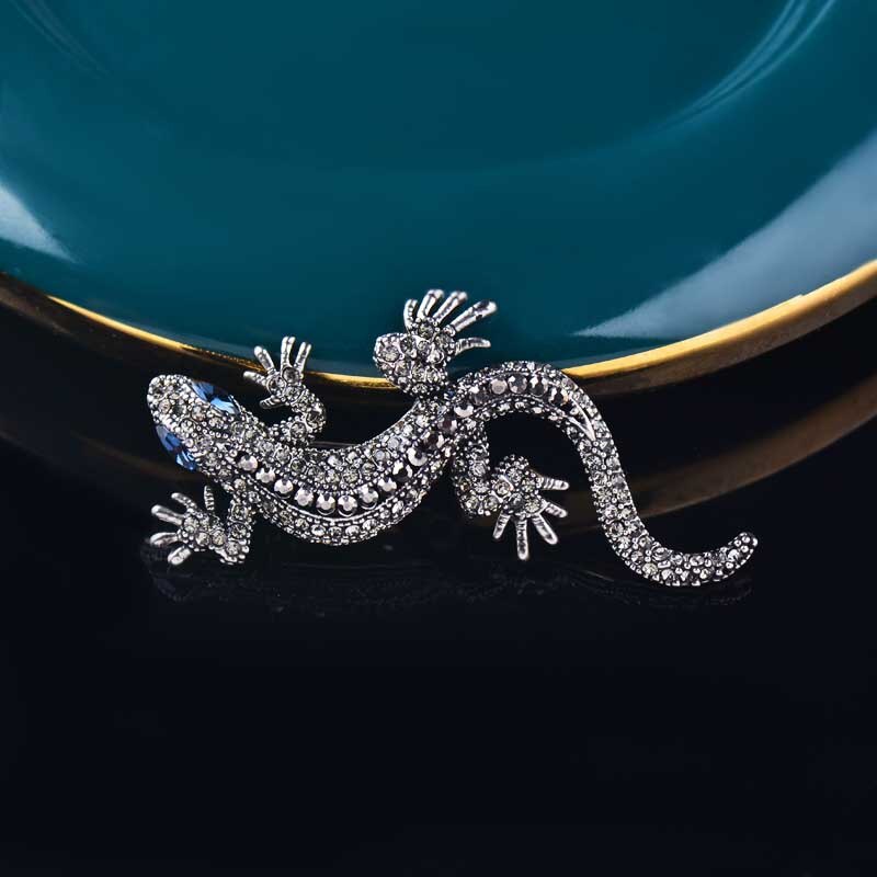 SINLEERY Unique Gecko Brooch Rose Antique Gold Silver Color Inlay Crystal Blue Zircon Eyes Brooches For Women Jewelry XZ122 SSC