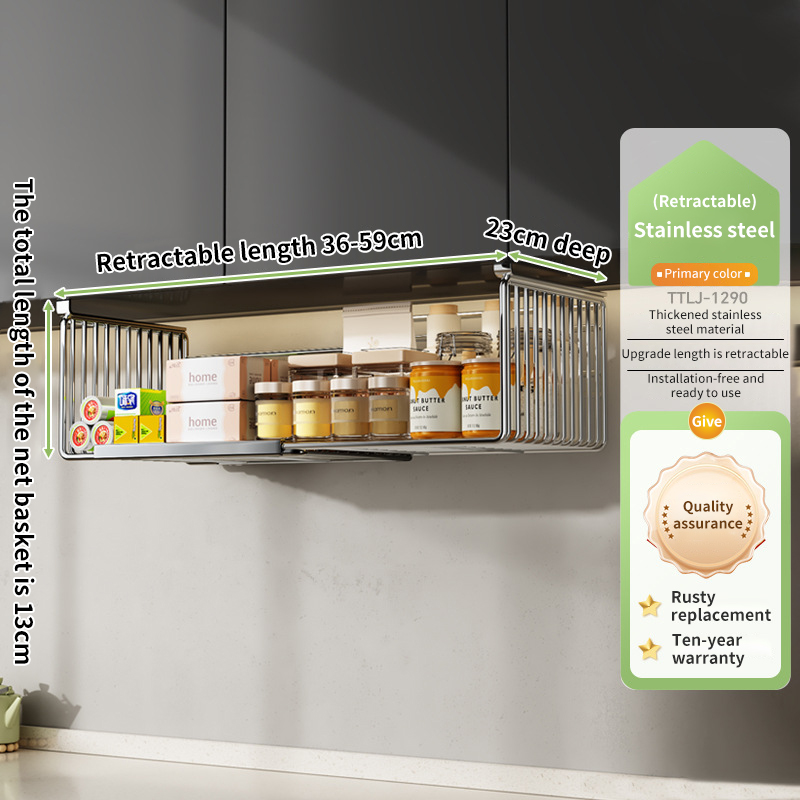 Stainless Steel Retractable Hanging Basket Kitchen Cabinet Desktop Sundries Hanger Hooks Layered Suspension Increase Space Rack: light yellow
