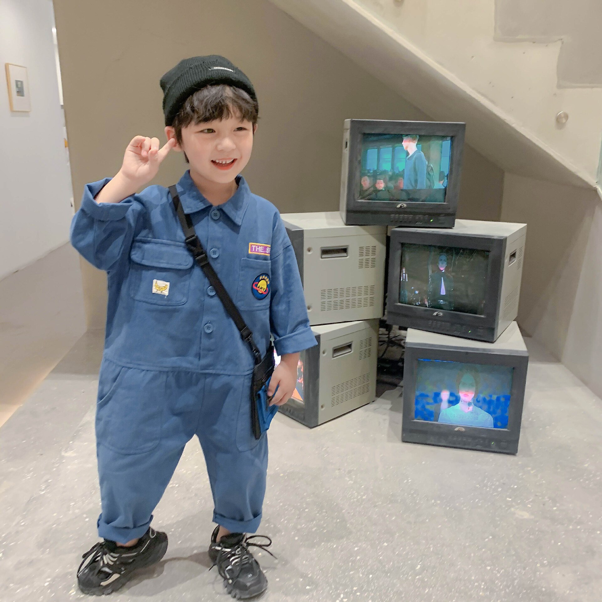 Korean style boys embroidery long sleeve one-pieces children solid color oversized jumpsuits