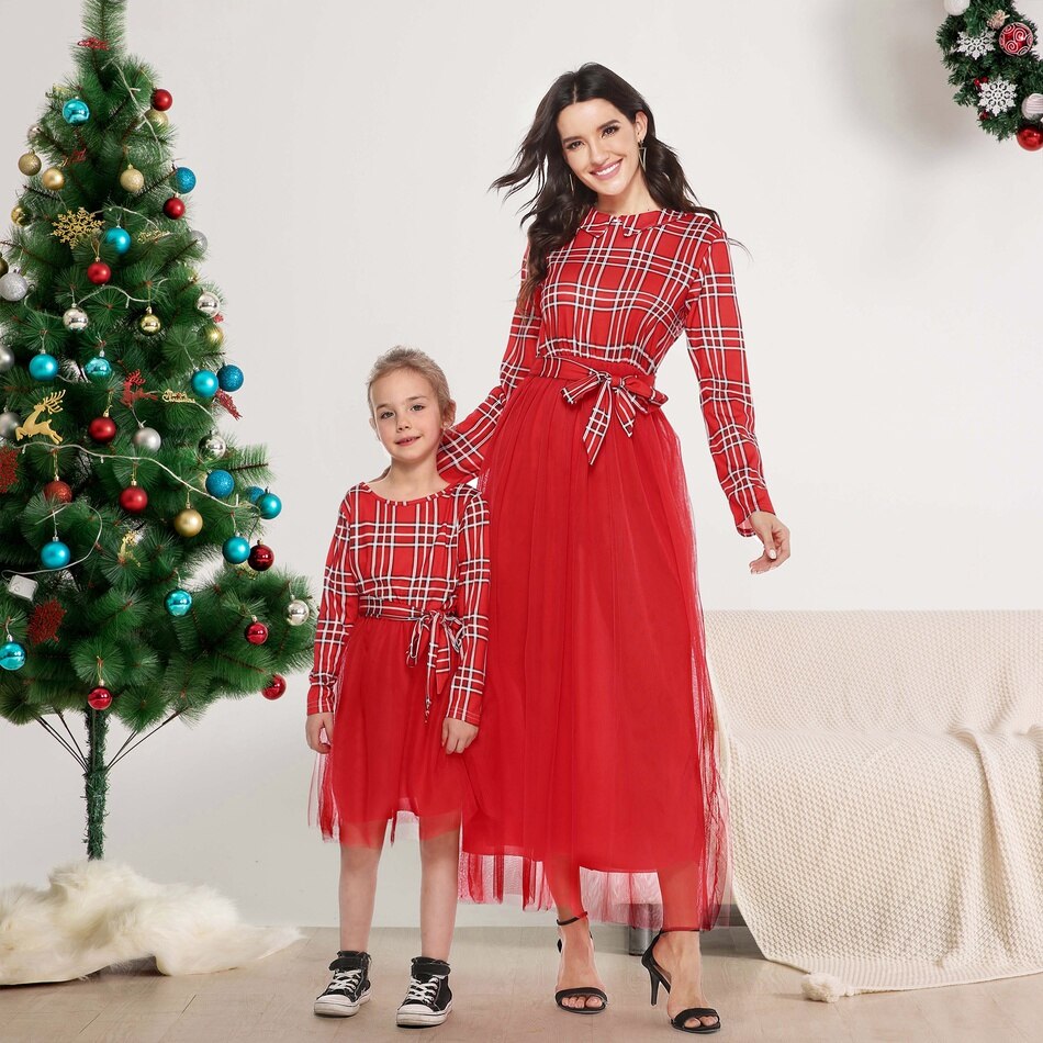 Women Baby Girls Family Matching Clothes Mother Daughter Lace Tulle Red Dress Princess Plaid Mesh Splice Dress Wedding Ball Gown
