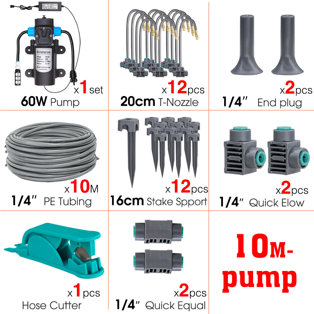 5M-30M 45W-60W Self-priming Pump Watering System 360° Bendable Mist Brass Misting Sprinkler Quick Connector Drip Irrigation Kits