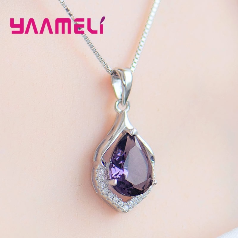 Eleganza collana con ciondolo goccia d&#39;acqua in cristallo viola ametista per donna regalo di natale di compleanno collare in argento 100% 925