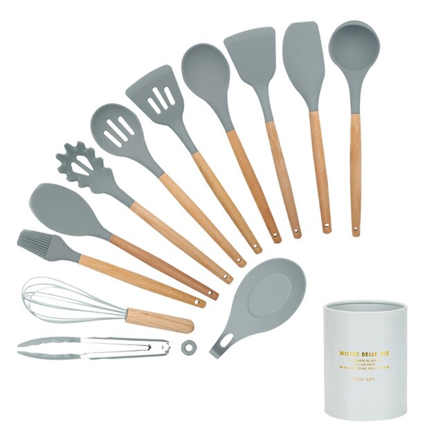 ATUCOHO 12PCS Kitchen Utensils Cooking Kit Silicone Accessories Spaghetti Food Clip Oil Brush Spatula Egg Beater Kitchen Tools: 13pcs gray set