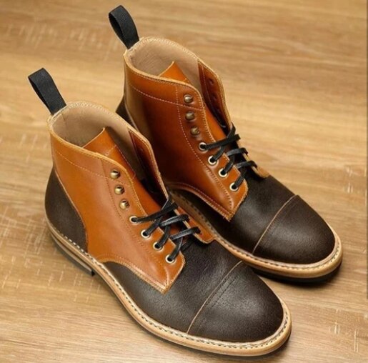 Men's Classic Combat Boots - Brown PU Leather, High Top Lace-Up, Rugged Rubber Sole For Work Or Casual