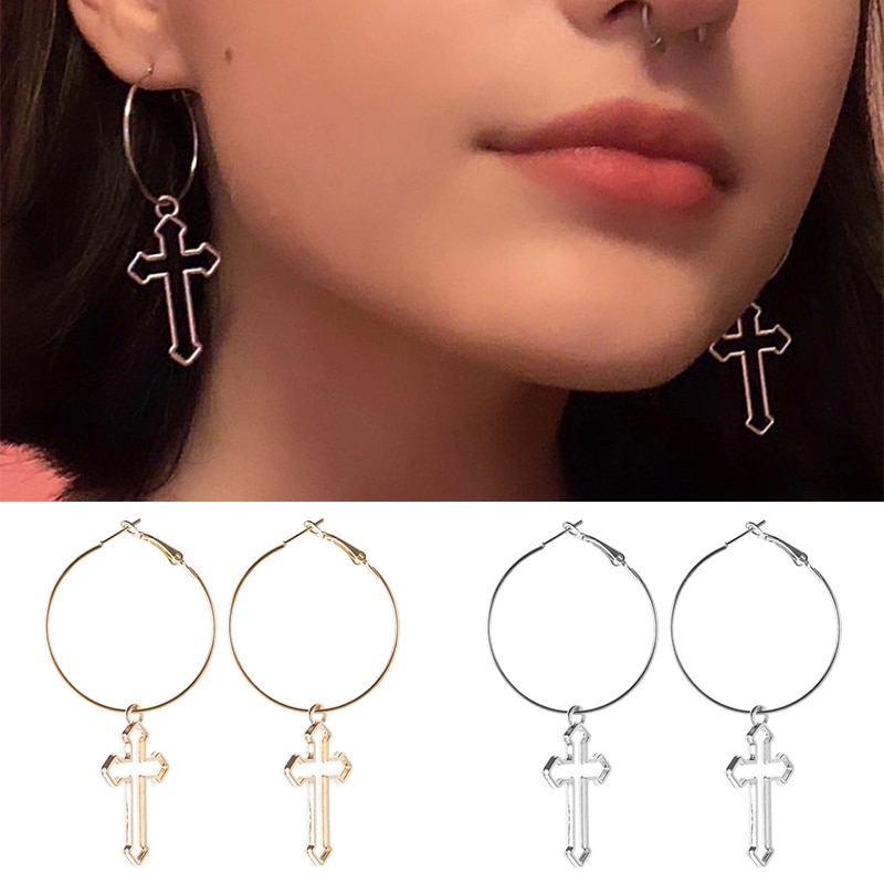 Pendientes colgantes con Cruz hueca para mujer, aretes de Color plateado, círculo redondo, pendientes de gota, joyería