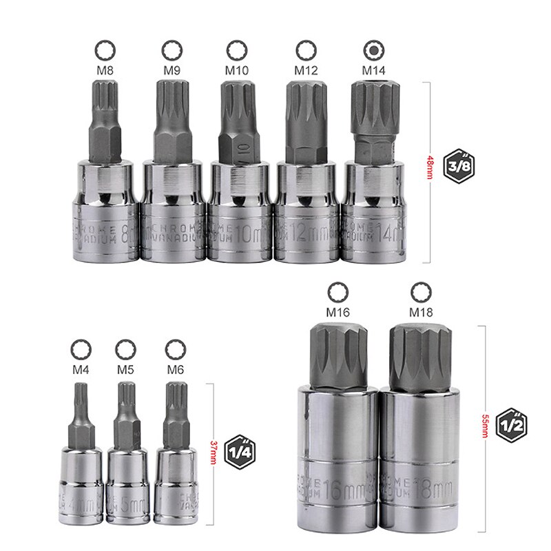 10pcs 12 Point Triple Square Spline Socket Set Screwdriver Bit Set Tampered Adapter for 1/4 3/8 1/2 Torque Spanner Socket Wrench