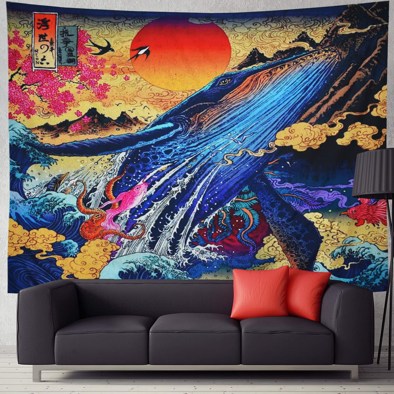 Auringonlasku suuri aalto valas tapetry japanilainen taide valtameri maisema wall hanging