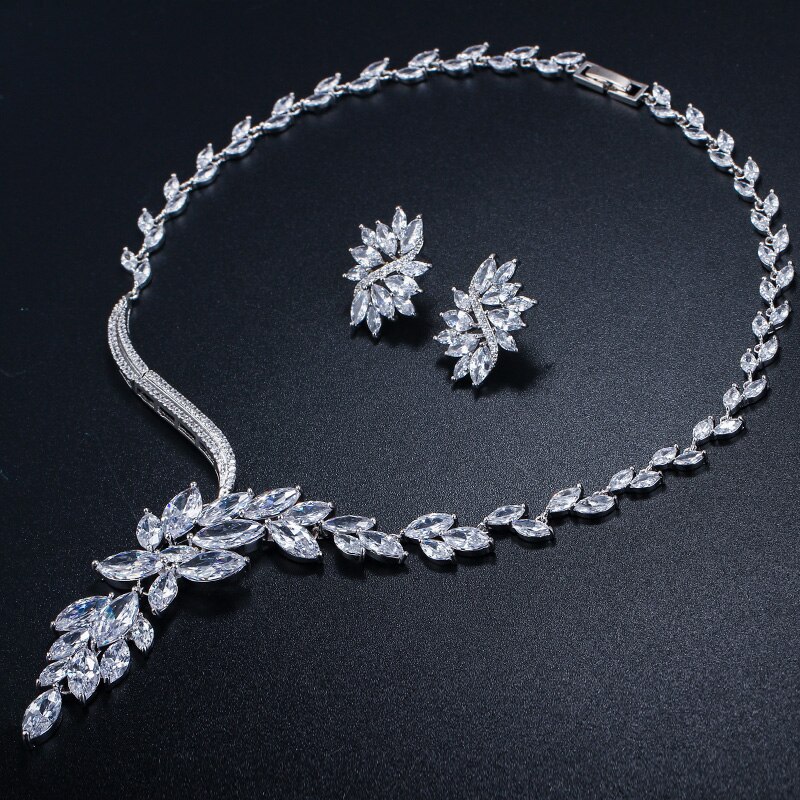 CWWZircons Gorgeous Dropping Flower Cubic Zirconia Paved Luxury Bridal Wedding Costume Necklace Jewelry Sets for Brides T048