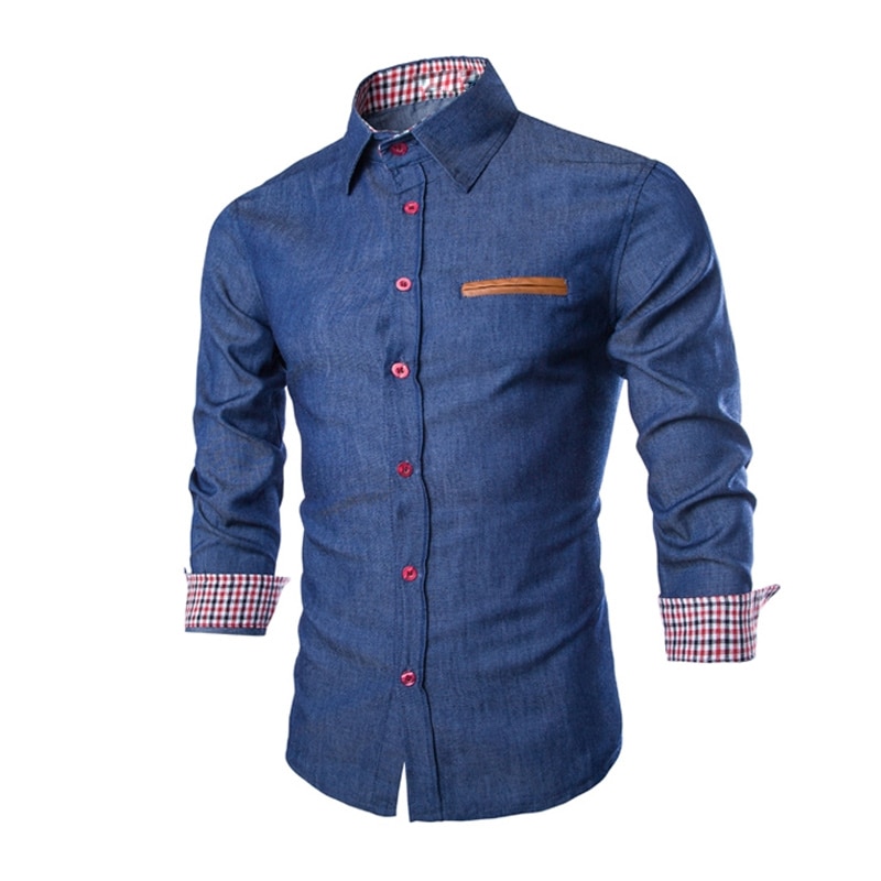 Men Denim Jeans Shirt Casual Long Sleeve Slim Fit Cotton Tops Shirts JS26: Dark Blue / M