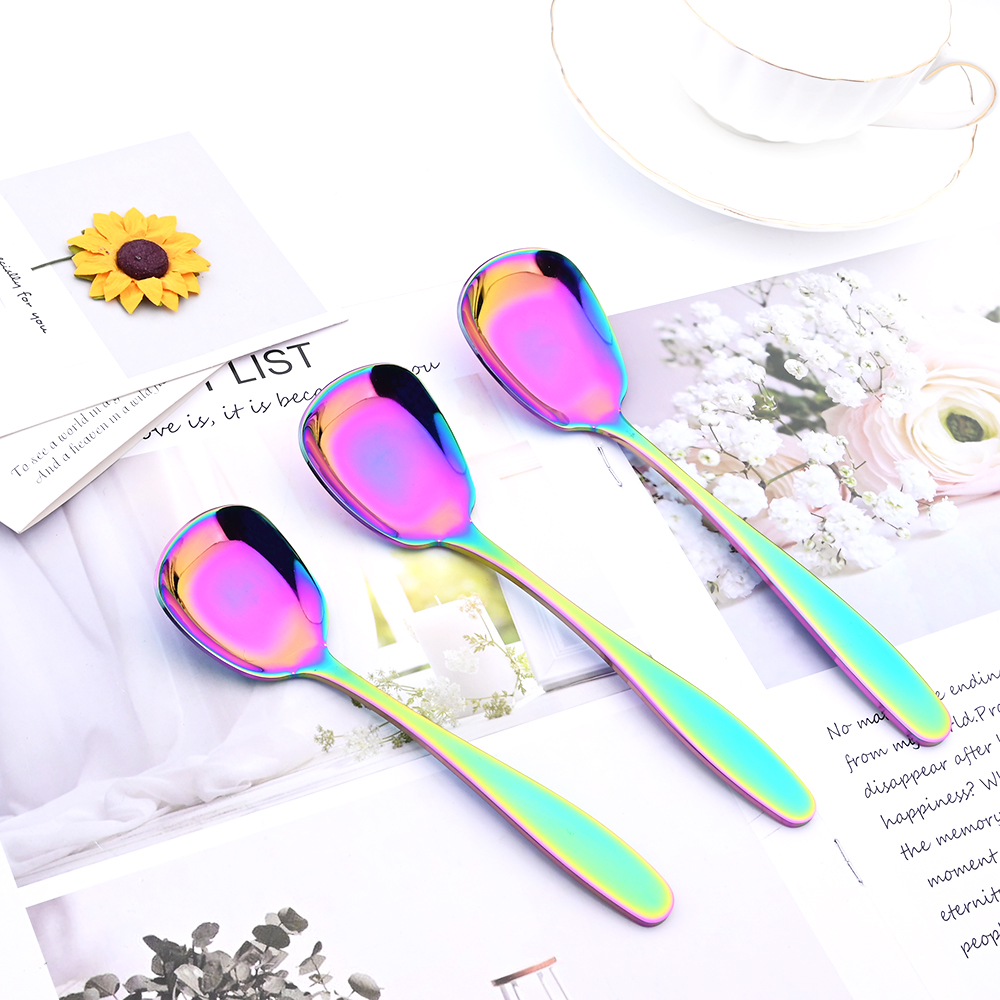 3Pcs Cutlery Stainless Steel Set Plat Bottom Square Dinner Spoons Dinnerware Child Ice Cream Dessert Salad Spoons Silverware Set