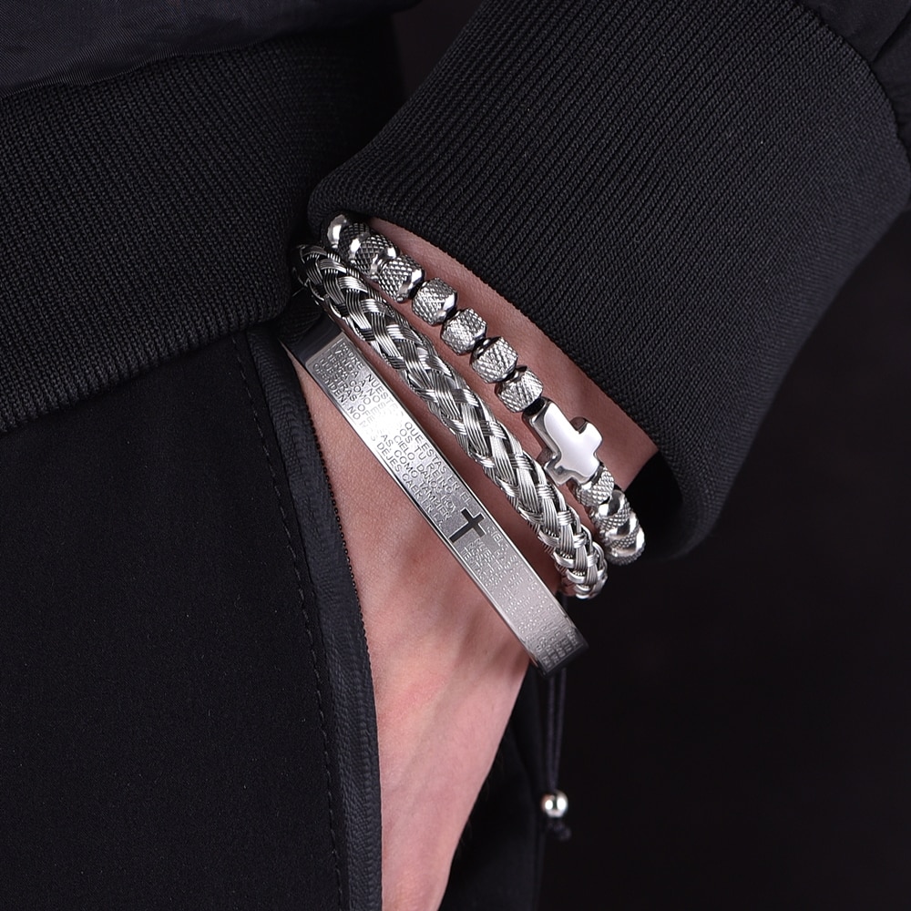 Luksus sæt rustfrit stål perler armbånd cross hip hop mænd smykker charme åben bragle udskæring spanske skrifter dropshiping
