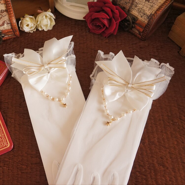 Gants en dentelle pour filles, magnifique collier de perles, cœur Lolita, maille, nœud perlé: White