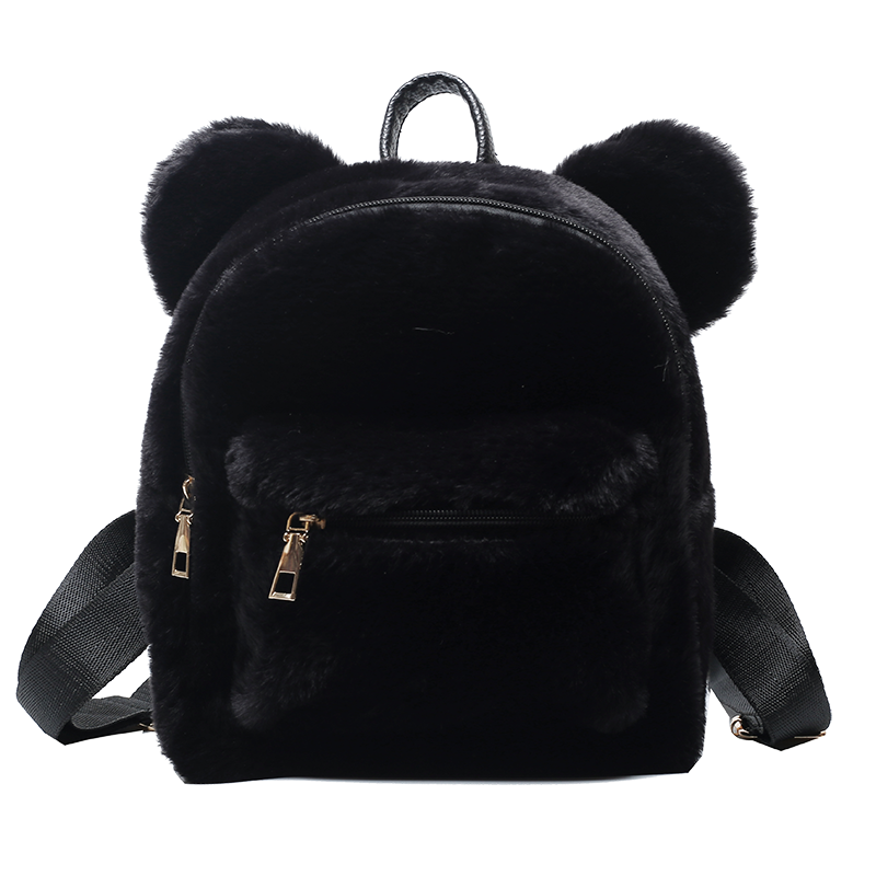 Mini zaino soffice a scacchi per donna 2021 orecchie di orso zaino in peluche scacchiera borsa con spalle in pelliccia zaino peloso scozzese Kawaii: Black