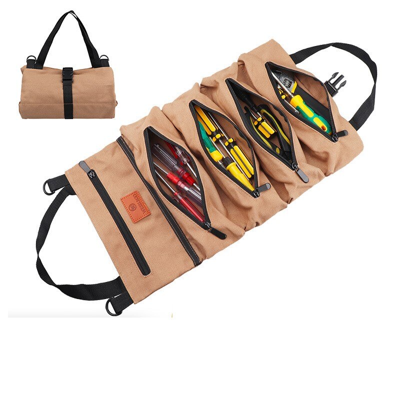 Canvas Rolling Tool Bag Roll Multi-Purpose Tool Roll Up Bag Wrench Roll Pouch Hanging Tool Zipper Carrier Tote