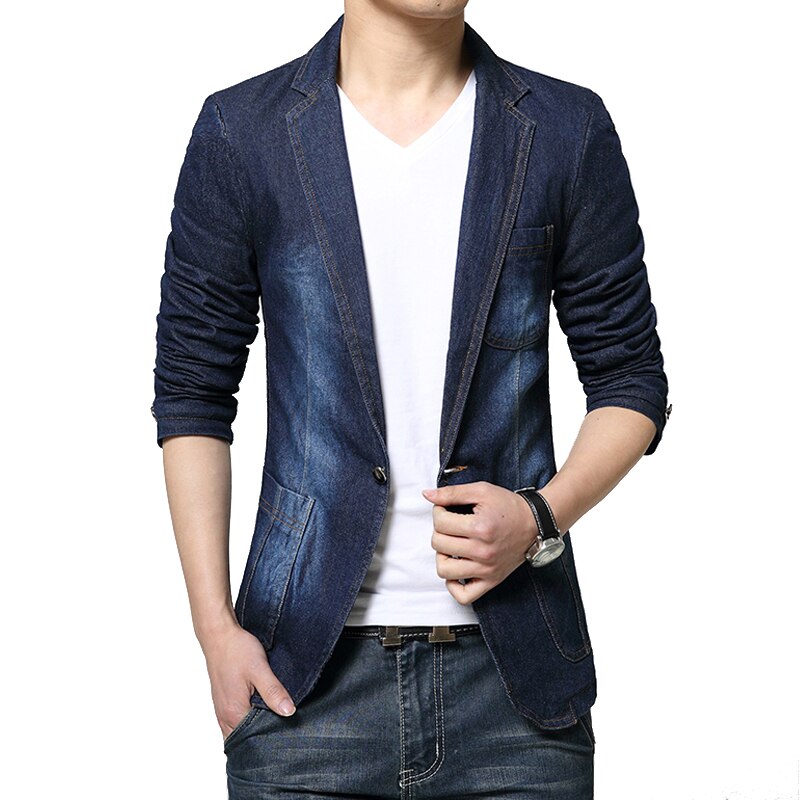 Men Spring Denim Jeans Blazers and Jackets Men's Casual Slim Fit Long Sleeved Single Button Style Blazers Suits D82903
