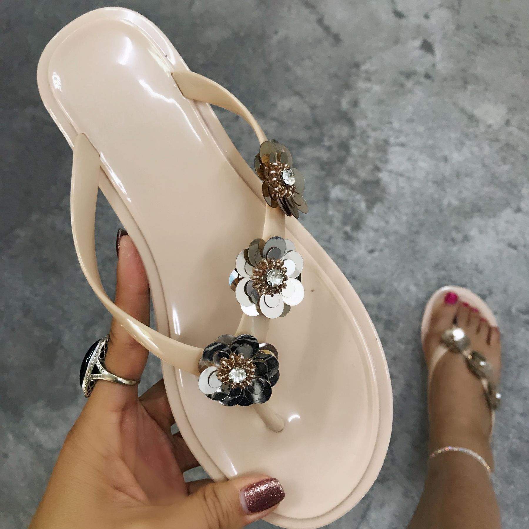 Gelé sko sommer flip flops flat eva håndverk paljetter blomster tøfler sommersko kul strandsko stor størrelse 40 41