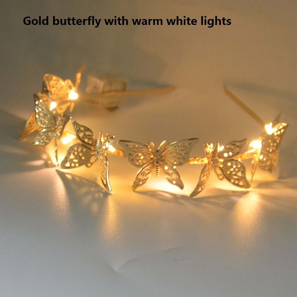 LED Light Up Blinking Butterfly Headband Hollow Metal Hairband Alloy Tiara Headpiece Hair Accessories for Women Girls Gold: 2