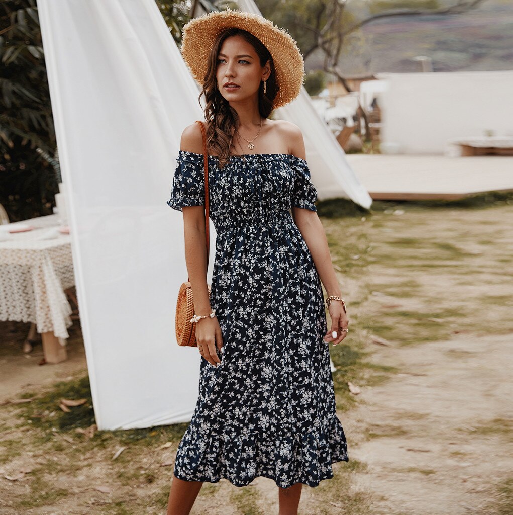 Women Dress Boho Floral Print Off Shoulder Ruffled Short Sleeve Sundress Summer Female Beach Dress Party Vestidos M140#: BU / S