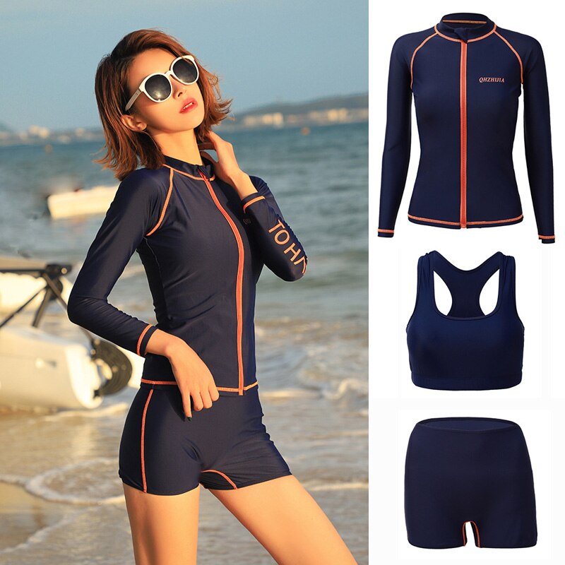 Vrouwen 3Pcs Rashgaurds Zip Up Lange Mouw Met Beha Shorts Zwemmen Surf Run Yoga Gogging Actieve Trainingspak zon Uv-bescherming