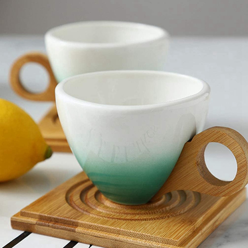 European Gradient Color Ceramic Coffee Cup Set Ideas With Bamboo Handle Coaster Ceramic Tea Cup