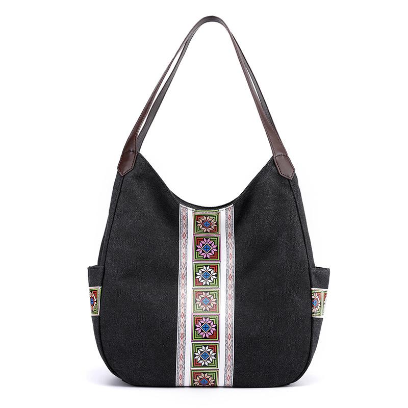 Bolso de hombro de lona para mujer bolso Vintage de flores para mujer Bolso grande Casual para mujer bolsos de mano de de para mujer: Black