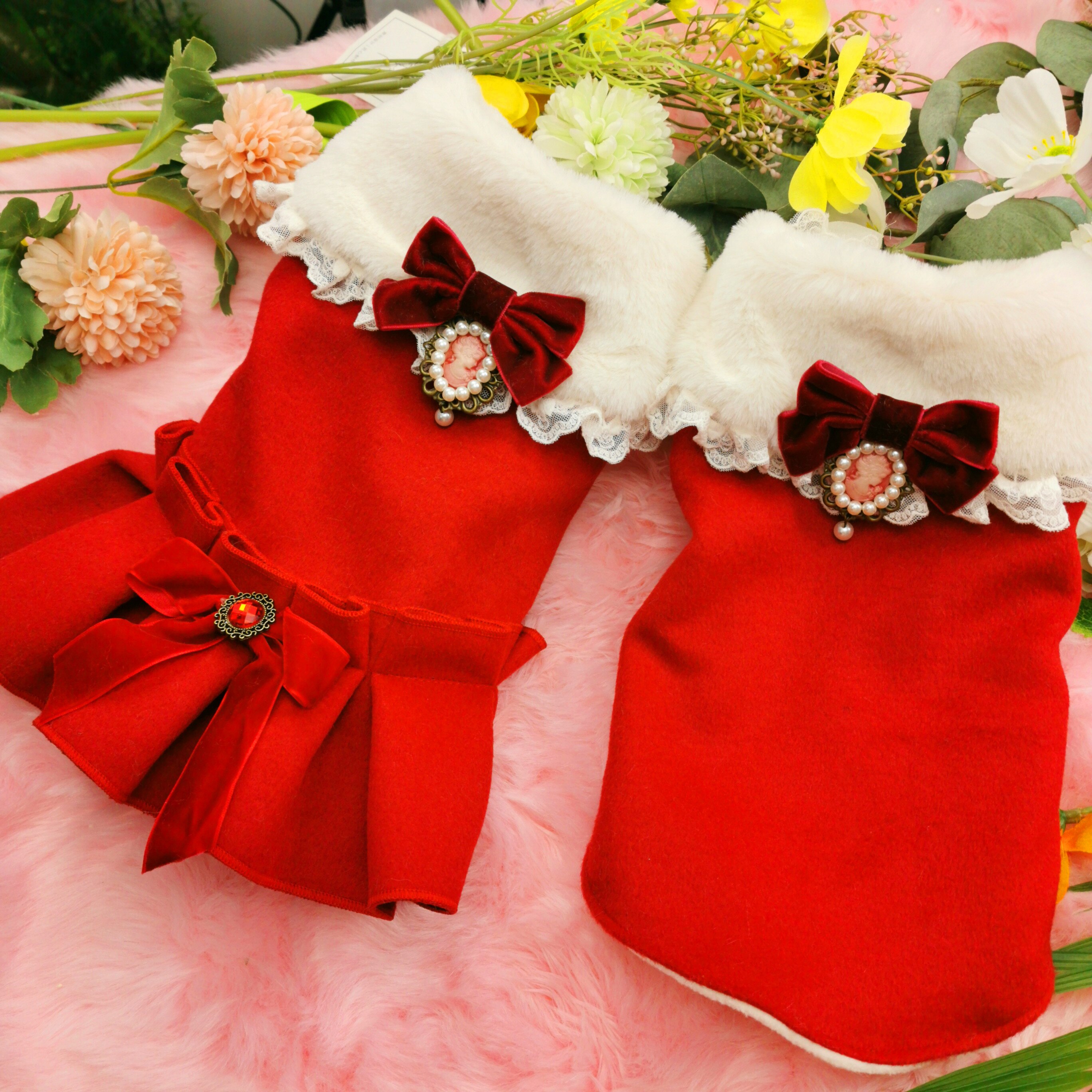 Autumn Winter Year Red Pet Dog Clothes Plus Velvet Warm Woolen Cloth Bow Dress For Small Medium Dog Outfits Dog Jackets