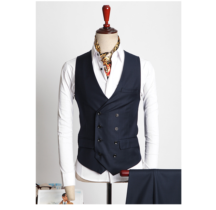 Mens suit vest Slim fit waistcoat black navy vest double breast chaleco hombre traje mens dress waistcoats button vest formal: Blue / S