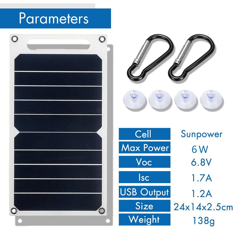 FlexSolar zonnelader USB 6 W 5 V krachtige monokristallijne module, waterdichte zonnelader, geschikt voor veiligheidsaccu's, camera's, fietsen, mobiele telefoons, powerbank, campingverlichting