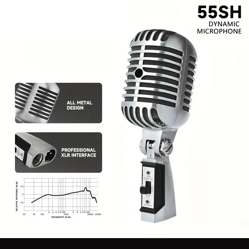 Silvery Metal Vintage Microphone Simulation Classic Dynamic Vocal Mic Wired Microphone Recording for Karaoke Recording