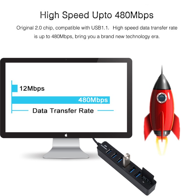 Kebidu 6/3 Ports tout en un USB Hub Combo Multi USB2.0 répartiteur Hub Micro lecteur de carte SD/TF 480mbps haute vitesse pour ordinateur