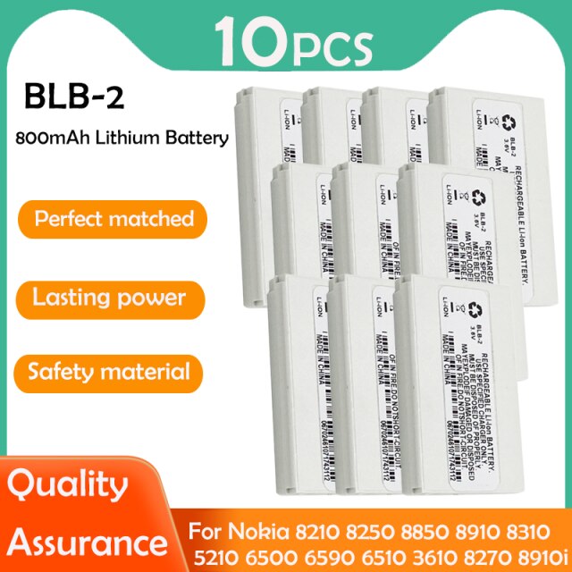 2-20PCS 800mAh BLB-2 BLB2 BLB 2 Li-ion Phone Battery For Nokia 5210 6500 6590i 6510 3610 8210 8250 8910 8910i Replacement Cell: 10PCS