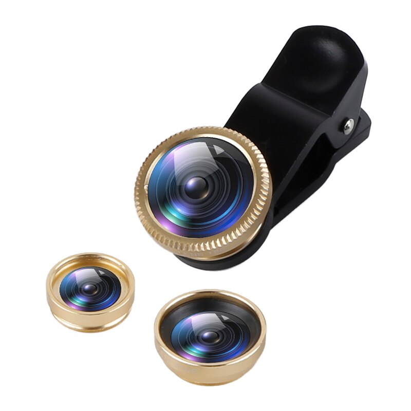 3 in 1 vidvinkel makro 180 graders fiskeøjeobjektiv kamera kits mobiltelefon fisk øjenlinser med klip 0.67x til iphone samsung htc: Guld
