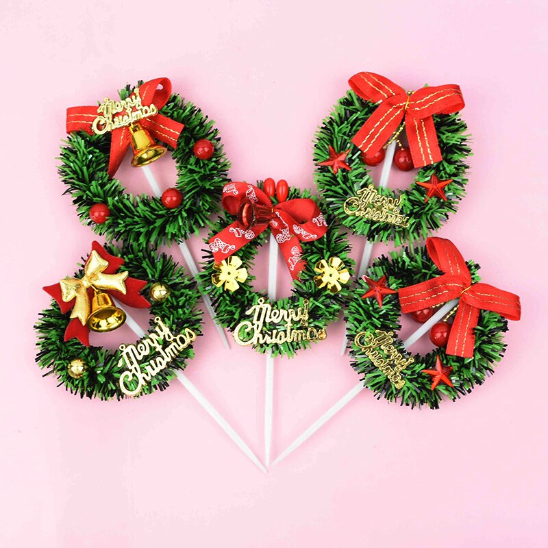 5pcs Christmas Cake Topper Mini Xmas Tree Wreath Shape Cupcake Topper for Merry Christmas Kids Favor Baking Dessert Decoration 7