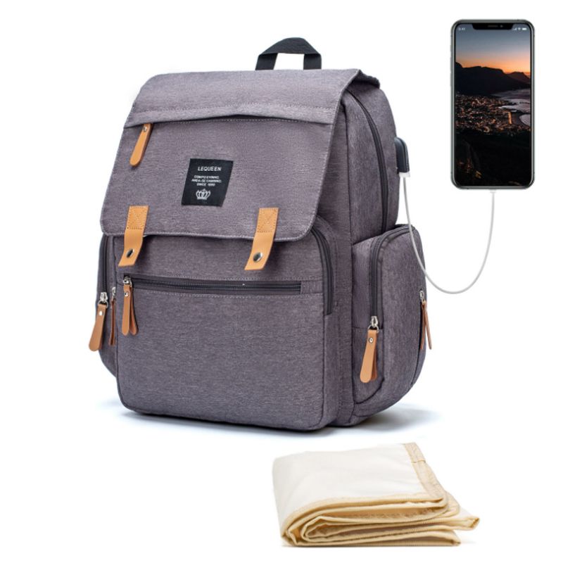 Multifunctional Baby Diaper Mummy Backpack Large Capacity USB Port Nappy Bag: 3TT904178-DG